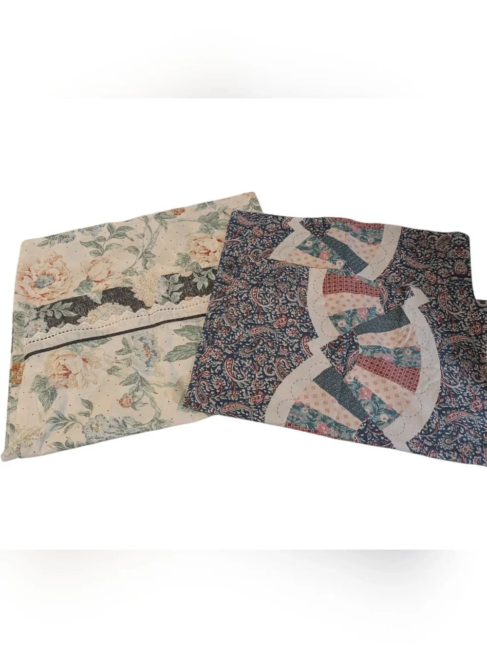 Vintage Floral & Quilted Patchwork Pillowcase Set Lot of 2 Cottagecore Farmhouse
